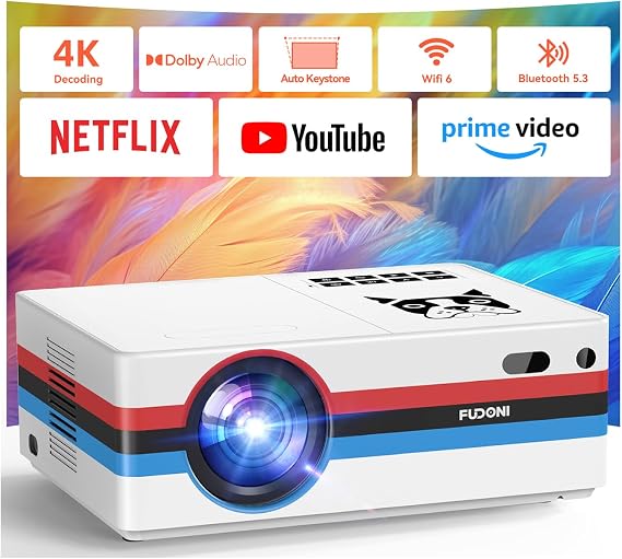 [Compatible with Netflix, 2000 ANSI] Smart Projector with WiFi 6 and Bluetooth 5.3, Electric Focus Auto Keystone, Native 1080P Outdoor Movie Projector with PrimeVideoYouTube, for HDMIUSBiOSAndroid