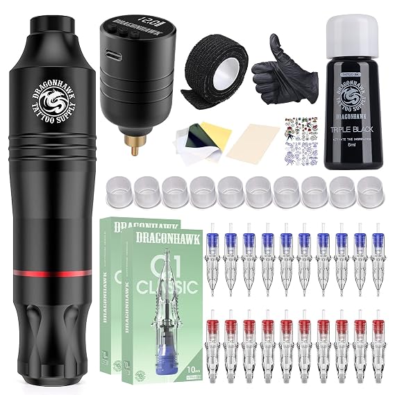 Dragonhawk Atom Wireless Tattoo Gun Pen Machine Kit | Complete Beginner Kit with 20 Cartridge Needles, Battery Power Supply for Lining Shading