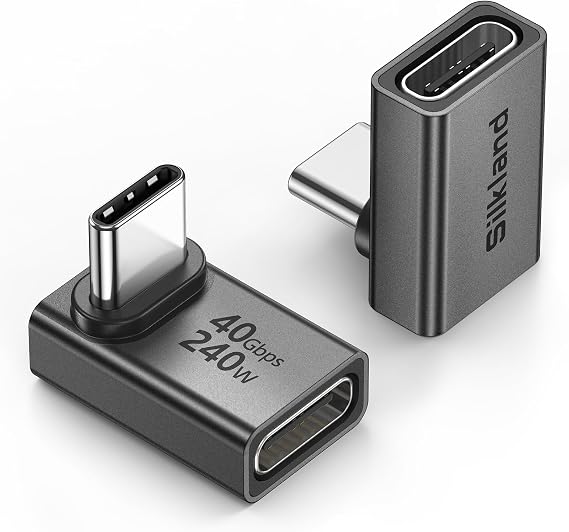 Silkland 40Gbps USB C 90 Degree Right Angle Adapter 2 Pack, 240W USB4 | Male to Female Extender, 8K@60Hz, Thunderbolt 4/3, Steam Deck, ROG Ally, MacBook, Switch 2, iPhone 17/16, Quest 3 VR