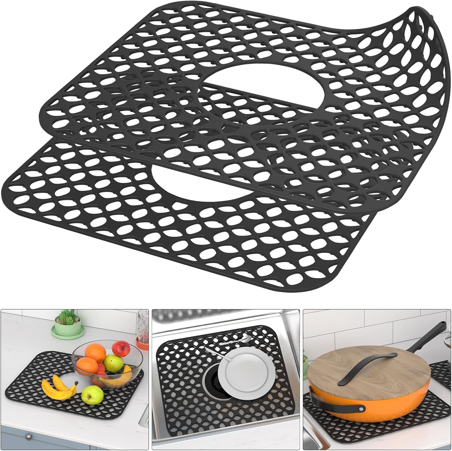 TOOVEM Kitchen Sink Mats, 2PCS Non-Slip Heat Resistant Silicone Sink Protector Mat, Folding Farmhouse Rear Drain Sink Mats Type2: Center Drain, Black