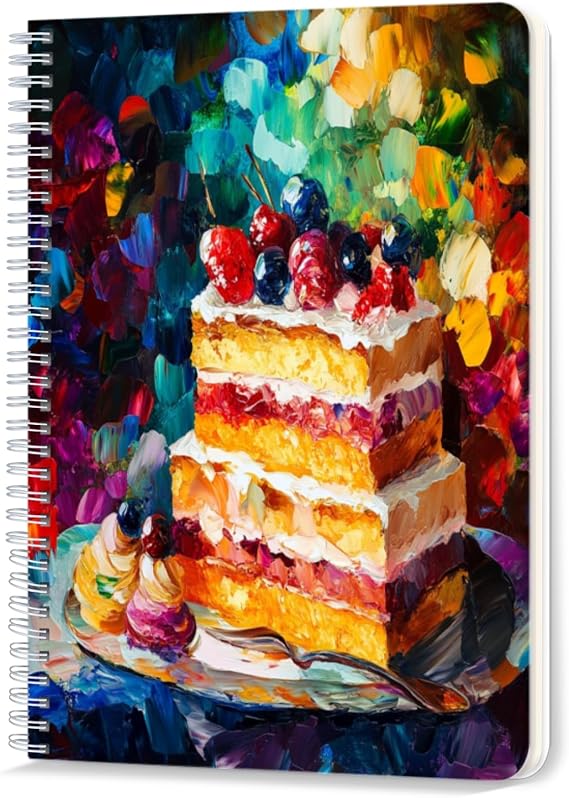 Spiral Notebook,Double-Wire Spiral College Lined Journal Notebook for Study and Notes,100 Pages,5.71x 8.26 in - Cake Adorned with Berries in a Vivid Oil Painting