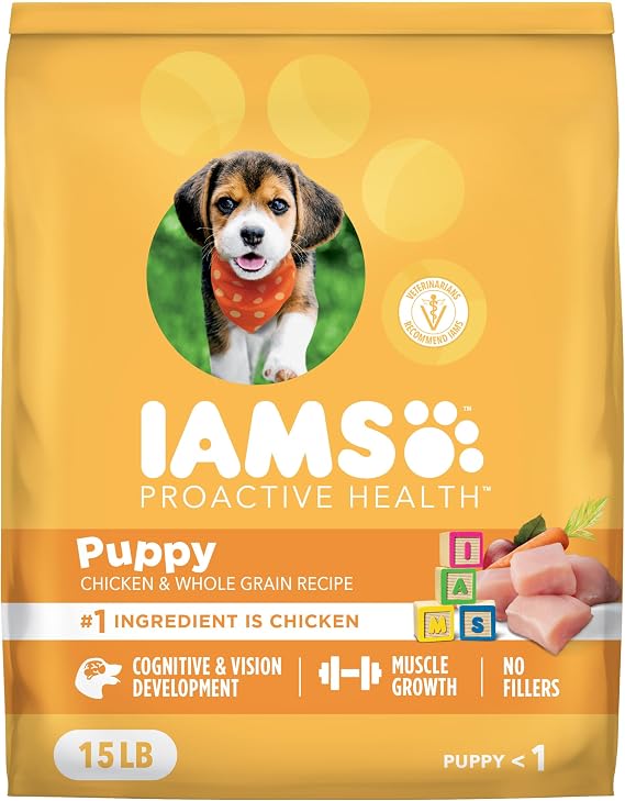 IAMS Proactive Health Puppy Dry Dog Food, Chicken & Whole Grain, 15 lb | Real chicken #1 ingredient, vet-recommended, Omega-3 DHA for cognitive & vision development, calcium for bones & joints