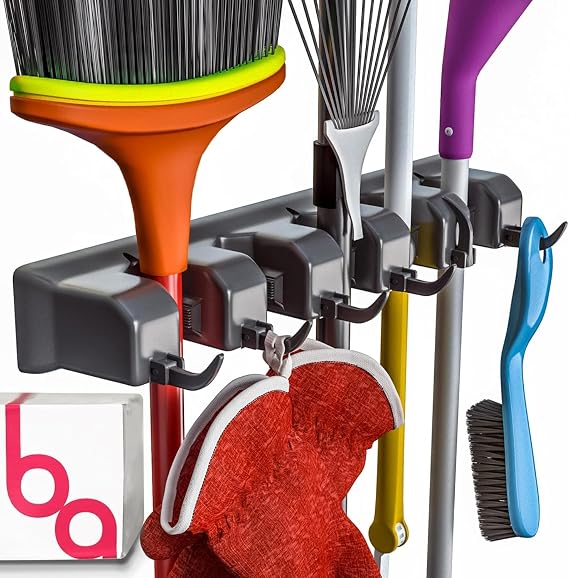 Broom Holder Wall Mount, Mop and Broom Organizer Wall Mounted Broom Rack & Mop Rack, Rack for Brooms and Mops | Broom Hanger Wall Mount with 5 Slots & 6 Hooks, Kitchen Garage Laundry Garden