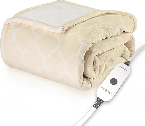 Sunbeam Royal Mink Sherpa Champagne Lattice Heated Personal Throw / Blanket, Cozy-Warm, Adjustable Heat Settings