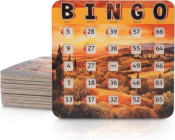 GSM Brands Bingo Cards Set - 25 Disposable Blue Cards with Red Sliders, Easy to Use, Large Numbers, No Duplicates