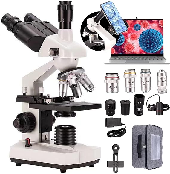 40x-5000x Lab Compound Trinocular Microscope- Double Mechanical Stage+Ultra-Precise Focusing+5 Million Pixel E-Eyepiece,for Aquaculture/Education/Chemistry/Industrie,White