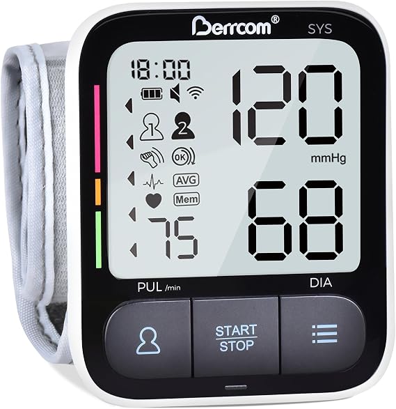Berrcom Wrist Blood Pressure Monitor for Home Use, Automatic Digital BP Machine with Voice Broadcast, Large LCD Display, 2120 Memory, Portable Case Included