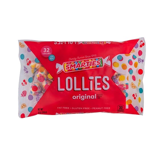 Smarties Double Lollies - Gluten Free, Peanut Free, Fat Free Assorted Fruity Flavors Lollipops - Low Calorie Perfect for Birthdays, Parties - Made by US Candy Company Since 1949-9 oz Bag (Pack of 1)