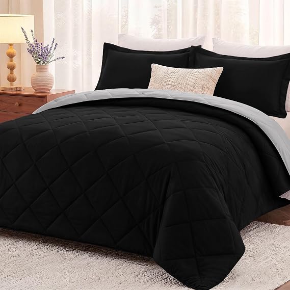 downluxe Queen Comforter Set - Black and Grey Comforter Set Queen, Soft Bedding Sets for All Seasons -3 Pieces - 1 Comforter (88"x92") and 2 Pillow Shams(20"x26")