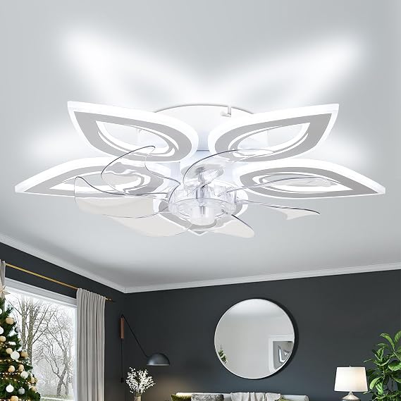 Finktonglan 55cm Dimmable Ceiling Fan with Light Remote 6 Speeds White | 60W LED fan light with remote and app control 6 speeds reversible airflow adjustable colour temperature and 1/2/4-hour timer. [Energy Class E]