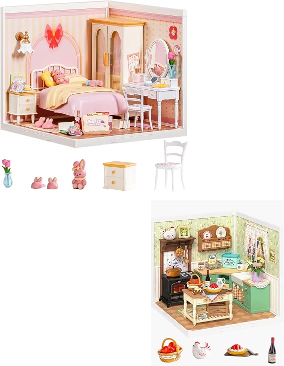 Sexy outfit DIY Miniature House Kits - Lovely Pink Bedroom & Farmhouse Kitchen, Super Creator Model Kit with Adjustable Light, DIY Mini Dollhouse for Collectible Figures