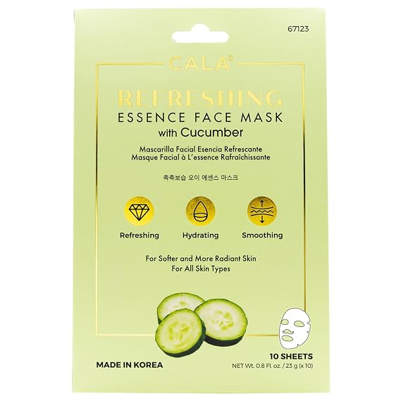Cala Refreshing Essence Face Masks with Cucumber - 10 Sheets Hydrating Sheet Masks for Soothed, Radiant Skin