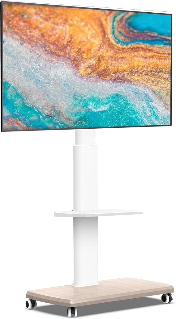 FITUEYES Rolling TV Stand, Mobile TV Cart on Wheels for 32-75 Inch Flat Screen TVs, Tall Floor TV Stand with Swivel Mount for Bedroom, Outdoor, Home Office, Small Dorm, White