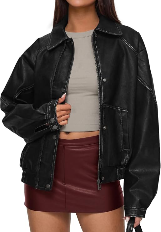PRETTYGARDEN Womens Oversized Faux Leather Jacket Fall Winter Outfits