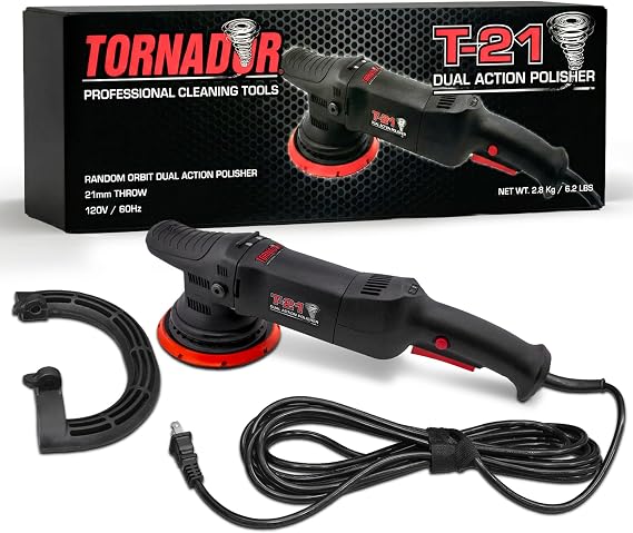 Tornador T-21 Dual Action Polisher | 21mm Random Orbit | 6 Speed Dial | 500 1200W Input Power | 6" Hook & Loop Backing Plate | 15ft Cord with Cord Keeper | Professional Automotive Paint Finishing