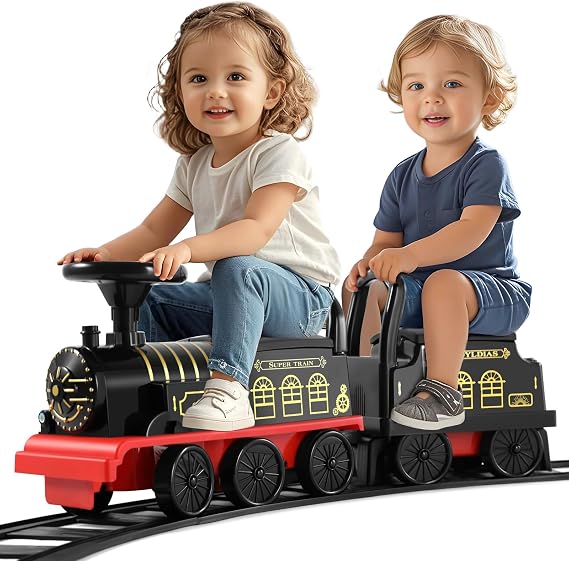 Ride On Train with 16pcs Curved Tracks and Carriage, 6V Electric Ride On Toy Train for Kids with Lights, Horns, Storage, Retractable Foot Pedals for Toddlers Under 39 inch, Black