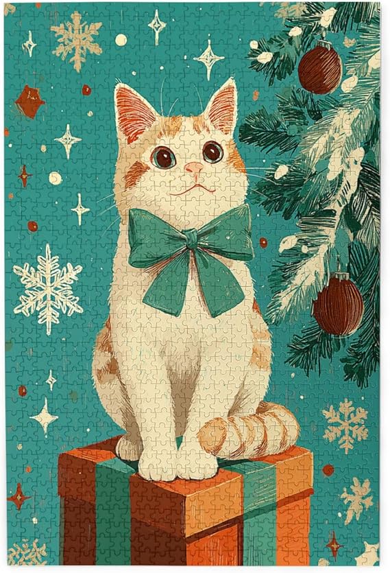Whimsical Retro Christmas Cat on Gift Box Jigsaw Puzzle, 1000 Pieces Wooden Jigsaw Puzzles for Adults, Nice for Christmas Party Brain Challenges, Solo Relaxation Hobby & Gift Idea