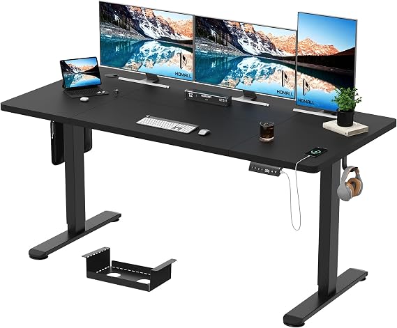 Homall 160x80cm Height Adjustable Standing Desk with USB Charging,Sit Stand with Wire Management Tray, Stand up Desk Heavy Duty Steel with 3 Memory Setting,Black