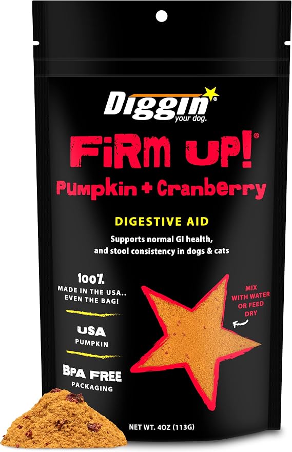 Diggin Your Dog Firm Up Pumpkin for Dogs & Cats with Cranberry, 100% Made in USA, Pumpkin Powder for Dogs, Digestive Support, Apple Pectin, Fiber, Healthy Stool, 4 oz