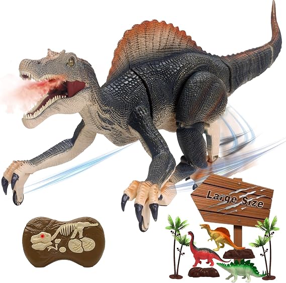 BUBUQE Remote Control Dinosaur Toys for Boys Electronic RC Spray Raptor Toy Walking Roaring Jurassic Spinosaurus Realistic 18.1" Dino Birthday Gift for Kids