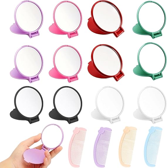 Mini Folding Mirror, 12PCS 2.4 in Pocket Mirror with 4PCS Cute Hair Comb, Small Compact Mirror for Handbag, Round Handbag Mirror, Portable Folding Makeup Stuffs for Women Girls Daily Use & Gifts
