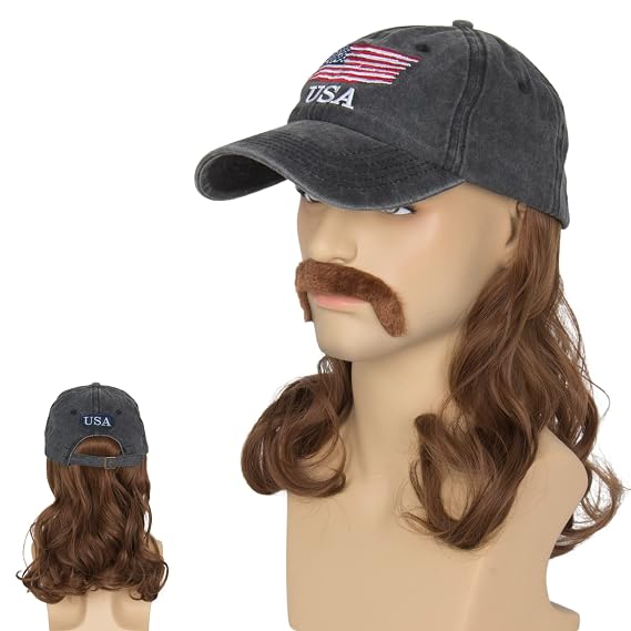 Yan Dream Mullet Hat Wig with Mustache 4th of July Hair Accessories Mens 80s Hat Wig Party (Brown)