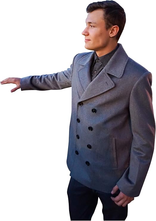 Cashmere Boutique 100% Cashmere Men's Double Breasted Pea Coat - Charcoal