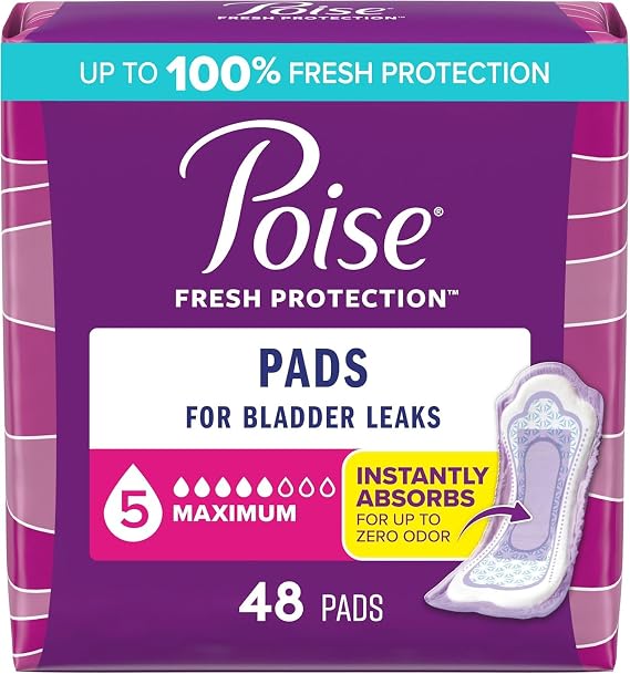 Poise Incontinence Pads for Women, Maximum Absorbency, Long, Pack of 48