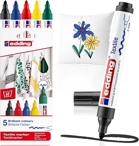 edding 4500 textile pen - black, red, blue, green, yellow - 5 pcs. - 2-3 mm round type
