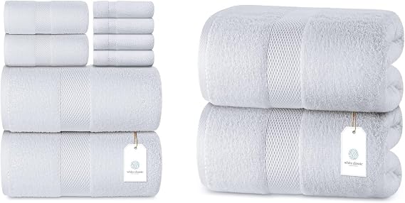 White Classic 8-Piece White Towel Set [2 Bath Towels, 2 Hand Towels, 4 Washcloths] and 2 Luxury White Bath Sheet Towels 35 x 70 | Cotton, Highly Absorbent and Quick Dry for Hotels, Spa and Bathroom