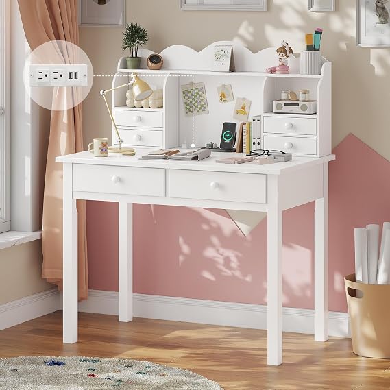 ADORNEVE White Home Office Desk with Hutch and USB Ports | 31.5 inch, Charge Station, Small Writing Desk with Drawers, Study Table, for Kids/Student, Makeup Dressing Table