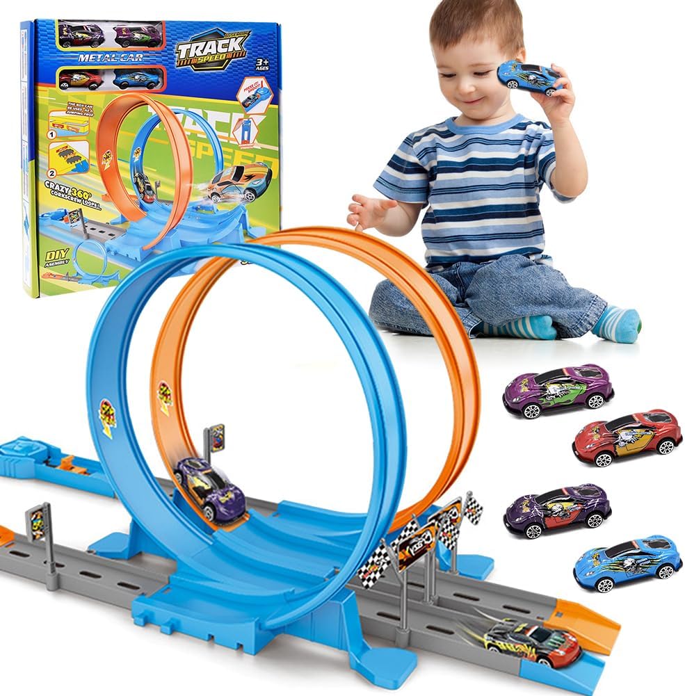 Truck Toys Cars, Play Vehicles Race Speed Track for Kids DIY Racing Car Toys Play Vehicles Toy Set Flexible Track Plays Set with 4 Cars Race Montessori Educational for Kids Bike