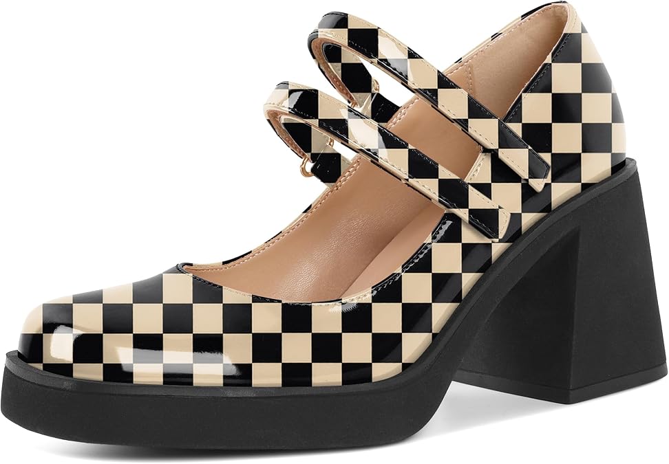 SAMMITOP Women's Platform Mary Jane Pumps Strap Square Toe Chunky Block High Heels Fashion Wedding Party Shoes 3.5 Inch
