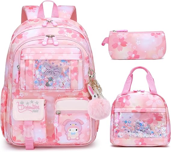 Girls School Bag Sets - Water Resistant Cute School Backpack with Laptop Compartment for Primary Secondary Students (Kids Backpack+Insulated Lunch Bag+Pencil Case Pink)