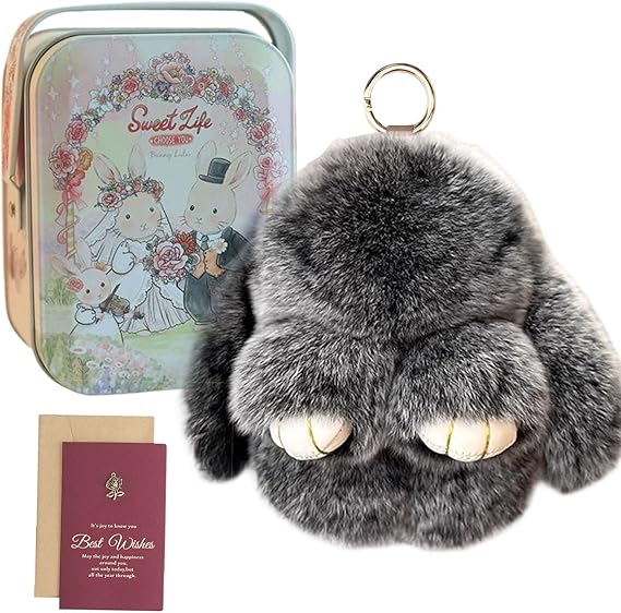 Bunny Keychain Keychain with Tin, Handmade Soft Bunny PomPom Charms for Easter Birthday Gift