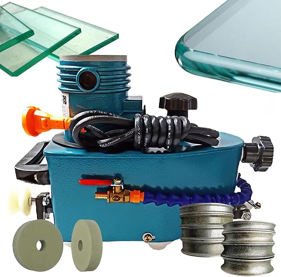 Electric Small Glass Edging Machine, Portable Glass Edger, Straight Round Bevel Edge Edge Grinder for Plexiglass Acrylic Marble Ceramic w/ 8 Diamond Wheels & 2 Polishing Wheels Blue