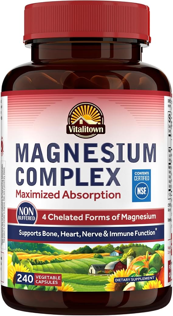Vitalitown Magnesium Complex Supplement 500mg - NSF Certified Magnesium Glycinate, Malate, Taurate & Citrate - Chelated High Absorption & Gentle on Stomach - Vegan Non-GMO 240 Capsules