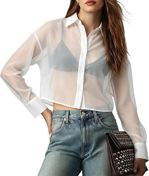 Wyeysyt Sheer Tops Women Cropped See Through Button Up Shirt