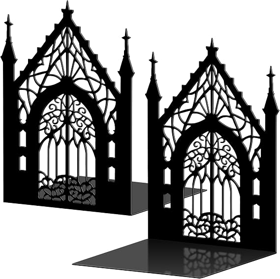 Shimeyao 2 Pcs Gothic Metal Bookends for Shelves Decorative Black Metal Bookends Heavy Duty Gothic Bookshelf 5.3"x4.3"x7.3" Heavy