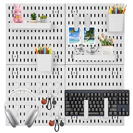 4 Pack White Peg Boards with Hooks & Shelves,22pcs Kits Pegboard Wall Organizer SetPegboard Wall Display Rack for Office, Kitchen, Gaming Room Desk Pegboards Storage