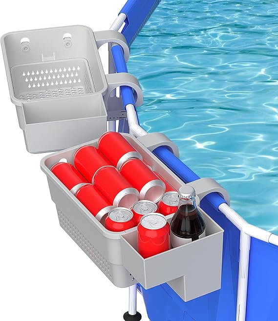 Poolside Storage Basket with Cup Holder & Hooks, Stretchable Pool Basket for Above Ground Pool Accessories (2 Pack)