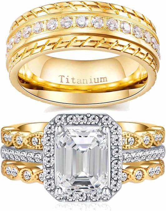 Couple Rings 4pcs Matching Rings 1ct AAA CZ Yellow Gold Plated Women Wedding Ring Sets for Him and Her