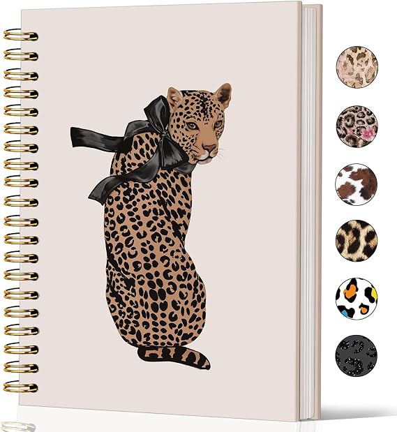 Lacama Preppy Cheetah Notebook Journal, Coquette Bows Notebook,College Ruled 160 Pages 5.5x8.3, Leopard Print Gifts for Women, Aesthetic Coquette Stuff Spiral Notebook, Office School Supplies