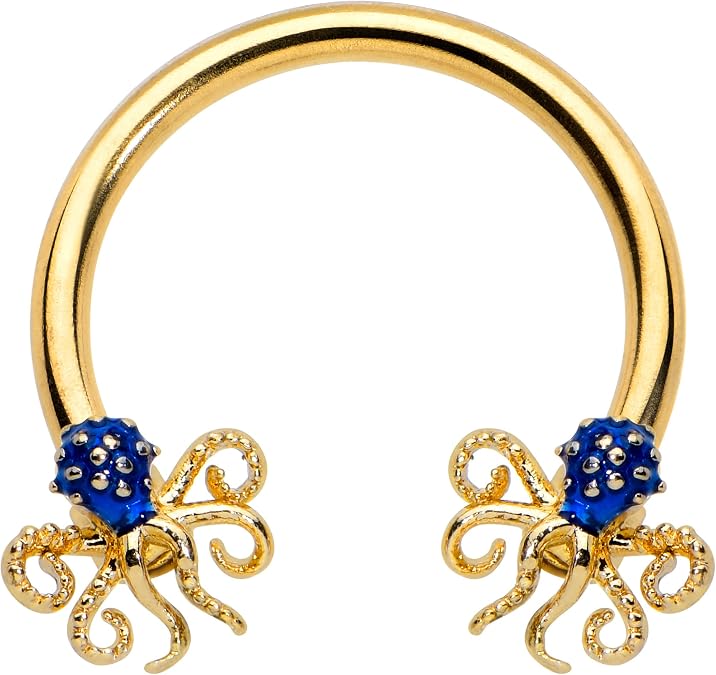 Body Candy 16G PVD 316L Steel Horseshoe Circular Barbell Curved Barbell Blue Octopus Cartilage Septum 3/8"