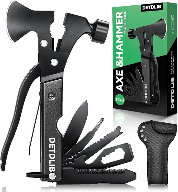 15-in-1 Multitool Axe Hatchet, Black | with Hammer, Knife, Saw, Essential for Camping, Hiking, Gifts for Men, Women, Dad, Husband, Birthday Gifts for Men