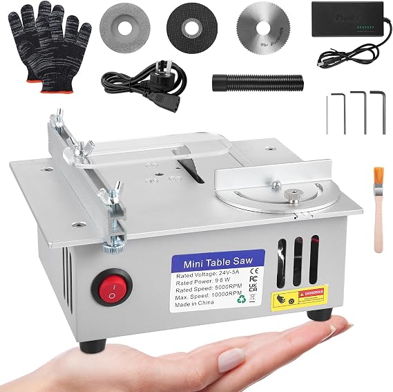 Mini Table Saw, Portable Precision Table Saw for Woodworking, 96W Mini Desktop Electric Cutter with Liftable Blade 16MM Cutting Depth, Adjustable Speed & Angle, Includes Dust Hose Brush & Gloves