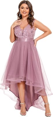 Ever-Pretty Plus Womens Deep V-Neck Lace Applique High Low A-Line Plus Size Tulle Maxi Evening Party Dresses 00793-DA