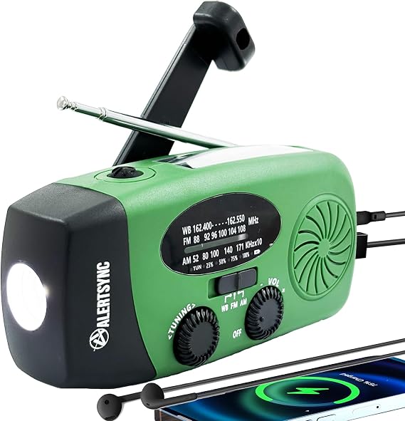 5000mah Alertsync NOAA Weather Emergency Radio with Solar Charging, AM FM Hand Crank Windup Radio SOS Alarm LED Flashlight with Earphone Jack for Home, Camping, Survival Hurricane (Green)