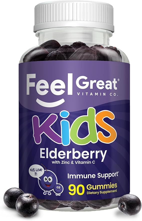 Feel Great Vitamin Co. Elderberry Gummies for Kids | Immune Support | Natural Antioxidant Immune Booster | with Vitamin C and Zinc | Gluten Free & Vegetarian | 90 Gummies | Natural Antioxidant Immune Booster, Real Elderberry, Vitamin C & Zinc, Gluten Free & Vegetarian, 90 Gummies for Kids