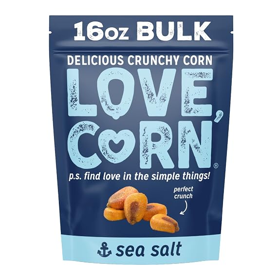 LOVE CORN Sea Salt Crunchy Roasted Corn Snack, 3 Ingredients, Gluten Free, Non-GMO, Vegan, Low Sugar Alternative to Chips, Nuts & Crackers Family, Party & Office Snack 16oz Bulk Size Bag
